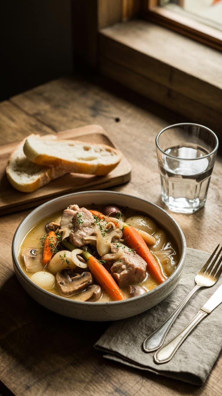 Blanquette de veau servie avec pain frais.