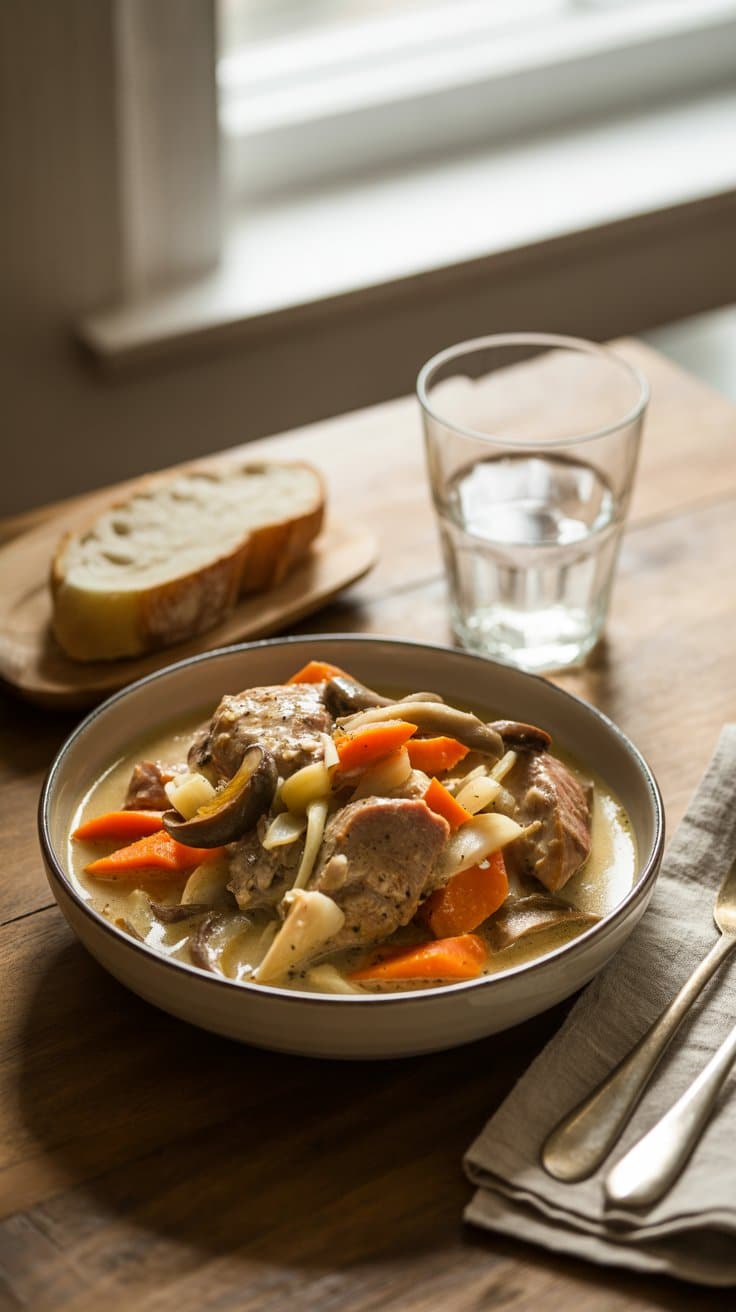 Pot-au-feu avec légumes et pain sur table.