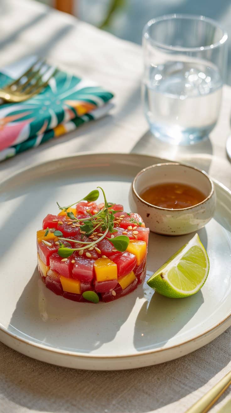 Tartare de poisson avec mangue et lime.