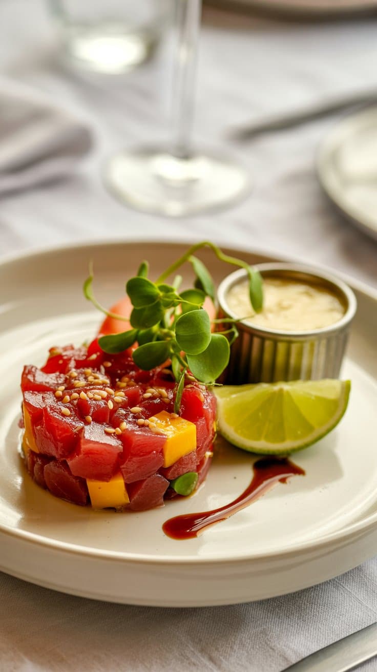 Tartare de thon, citron vert et sauce.
