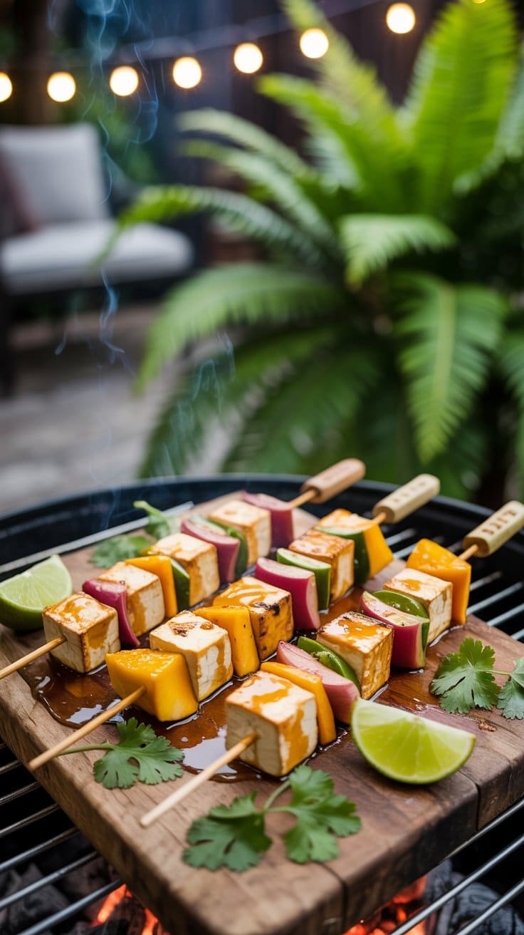 Brochettes de légumes grillés avec citron vert et coriandre.
