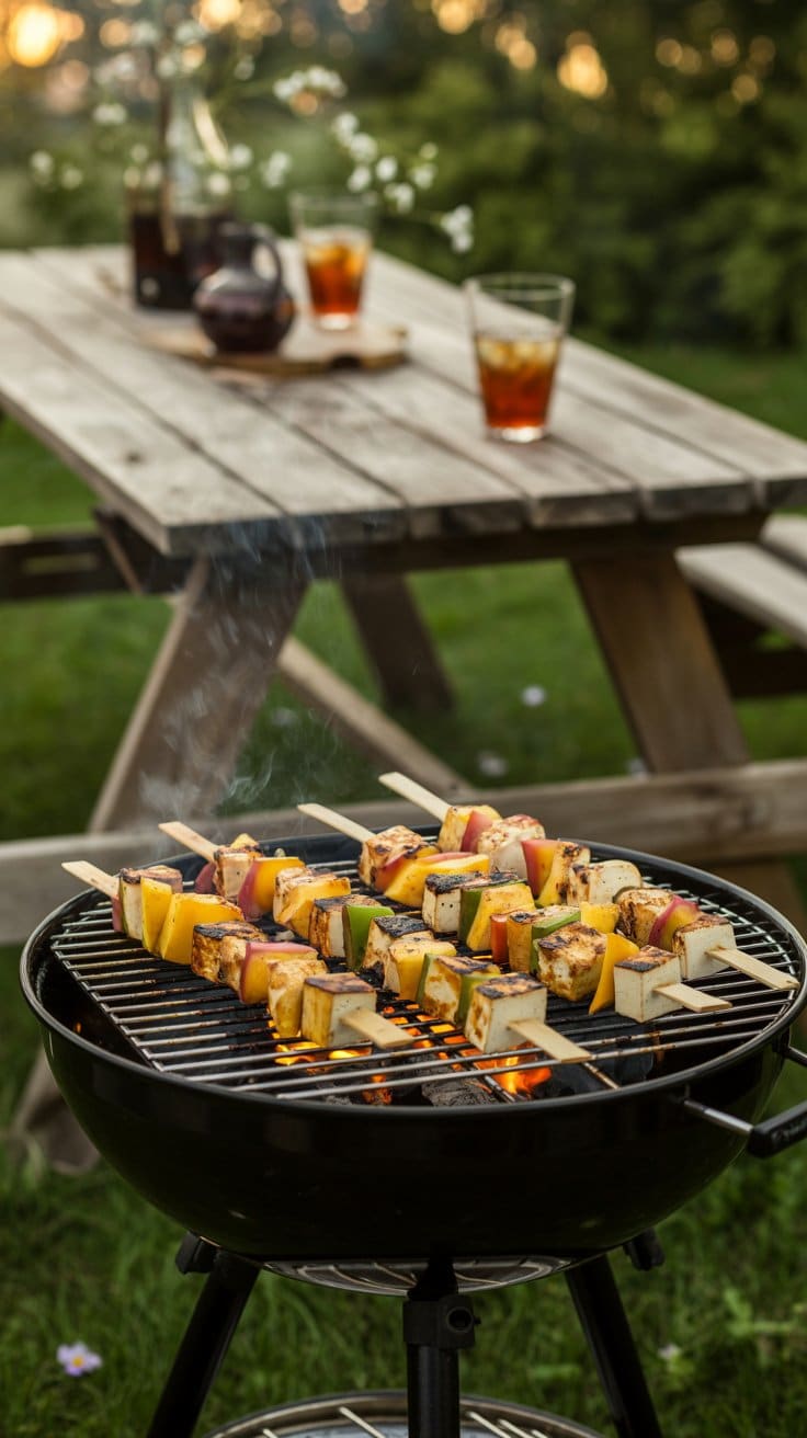 Brochettes de légumes grillées au barbecue sur table bois.