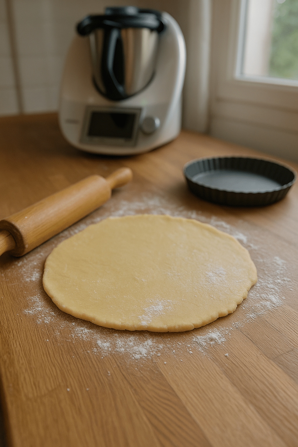 Pâte à tarte étalée avec un rouleau.