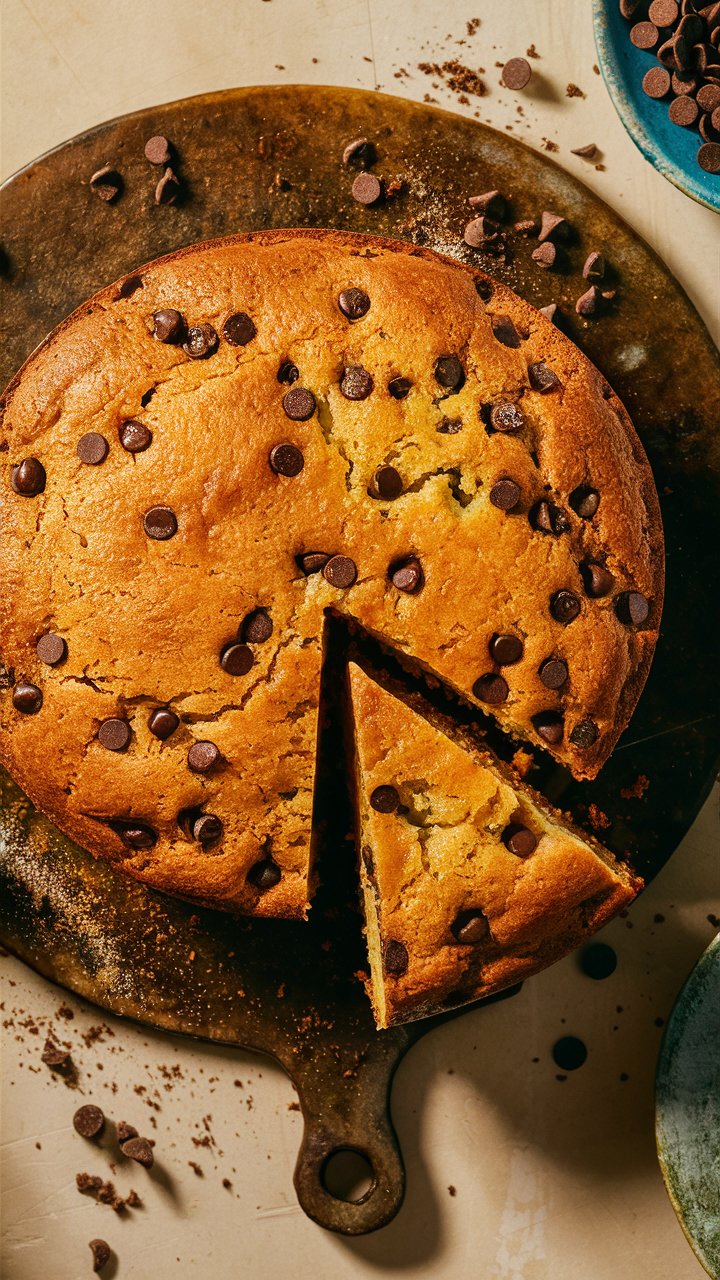 Gâteau aux pépites de chocolat sur planche découpé