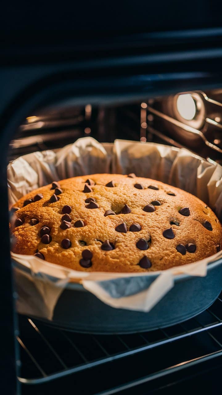 Gâteau aux pépites de chocolat dans un four.