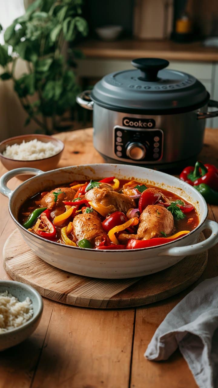 Poulet mijoté aux poivrons avec riz.