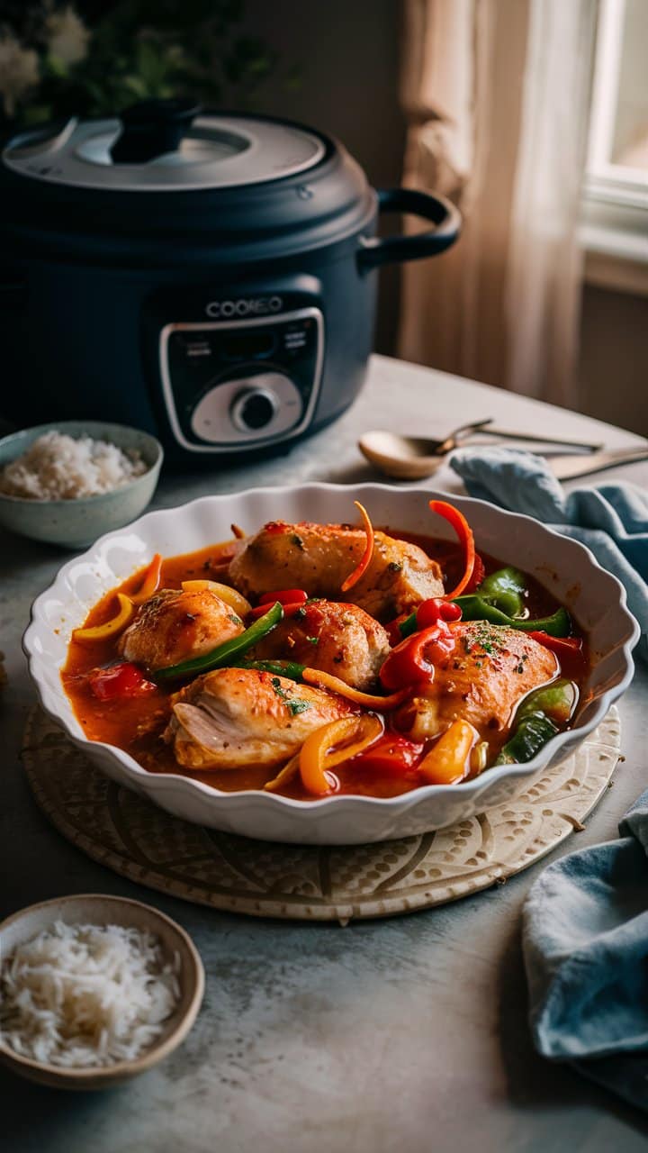 Poulet mijoté avec légumes et multicuiseur en arrière-plan.
