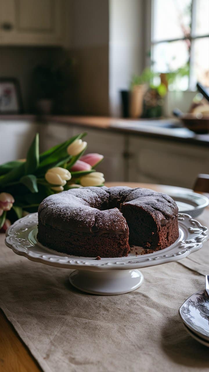 Gâteau au chocolat sur plat et tulipes en arrière-plan.