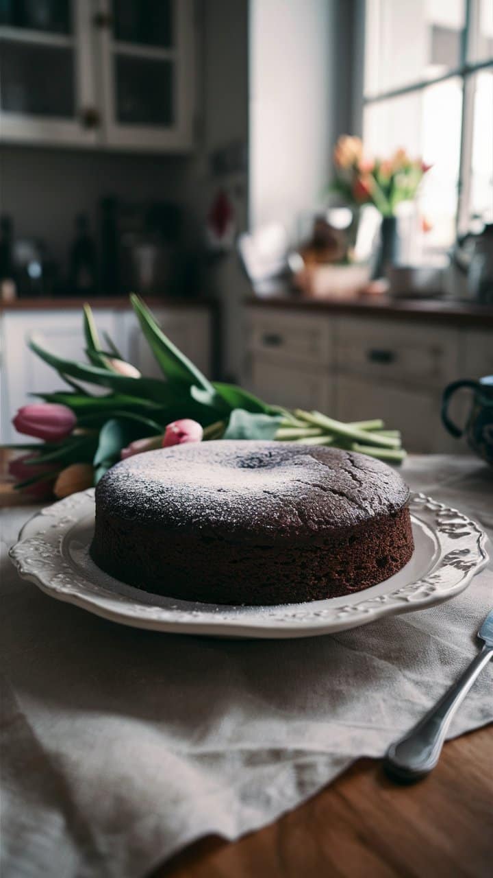 Gâteau au chocolat avec tulipes en arrière-plan.
