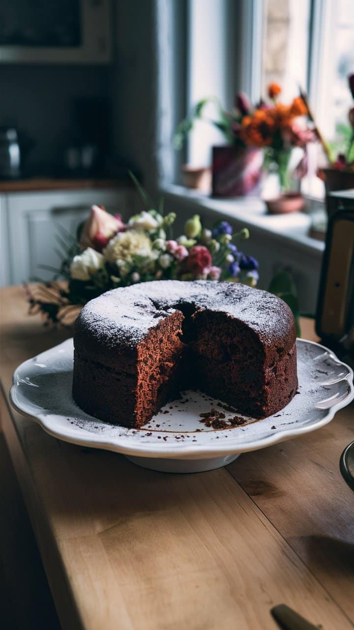 Gâteau au chocolat avec part manquante sur assiette.