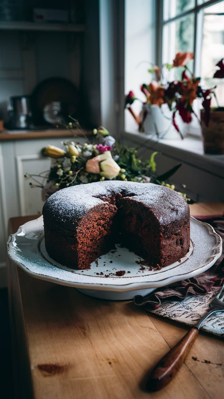 Gâteau au chocolat avec une tranche manquante.