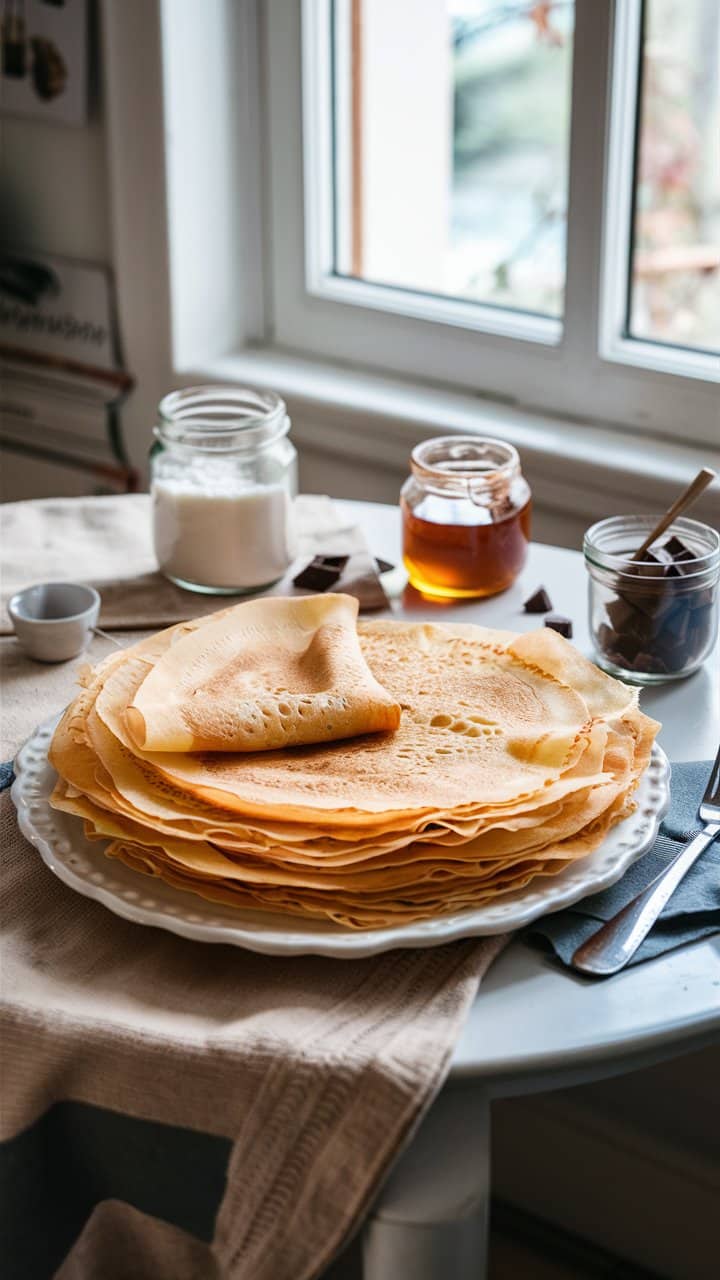 Assiette de crêpes avec pots de garnitures.