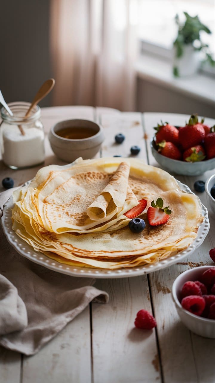 Assiette de crêpes avec fruits frais.