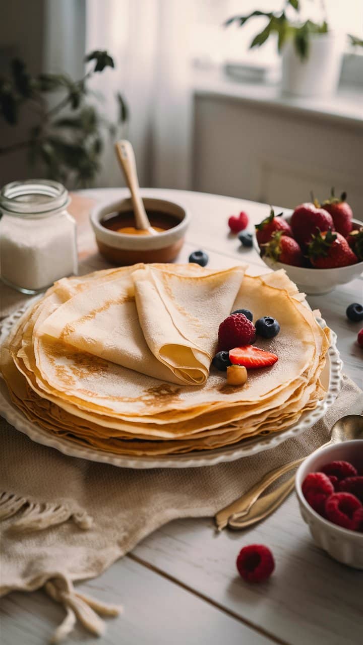 Assiette de crêpes avec fruits rouges.