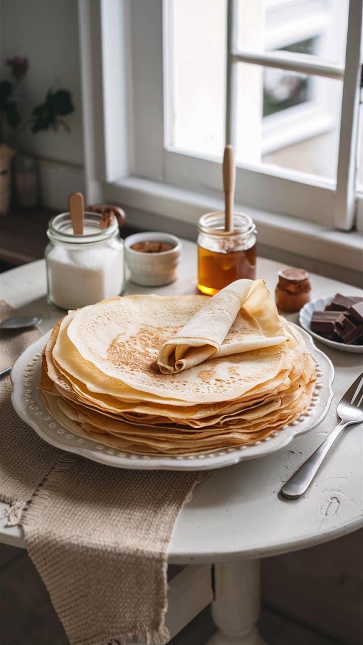 Assiette de crêpes empilées sur une table.