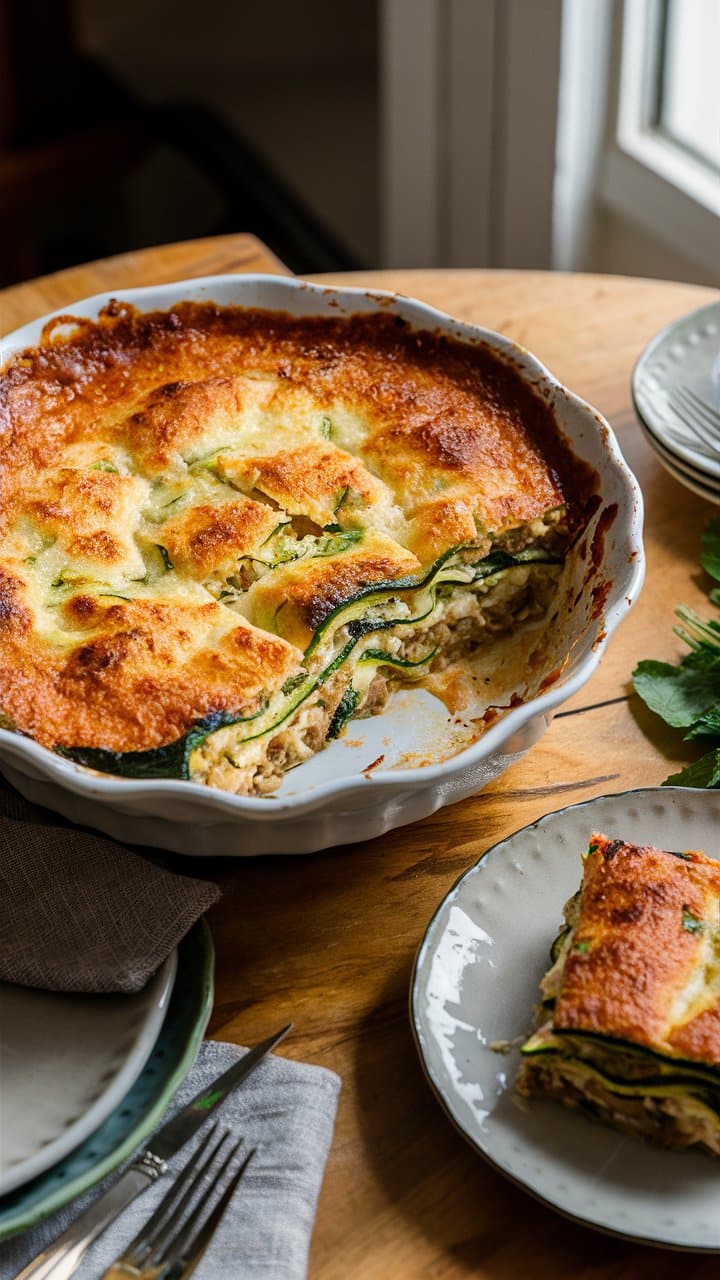 Lasagnes courgettes gratinées sur table en bois.