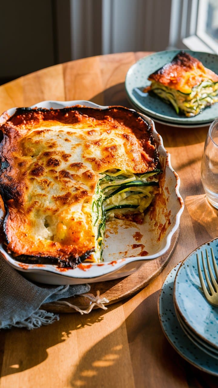 Lasagnes aux légumes dans un plat sur la table.