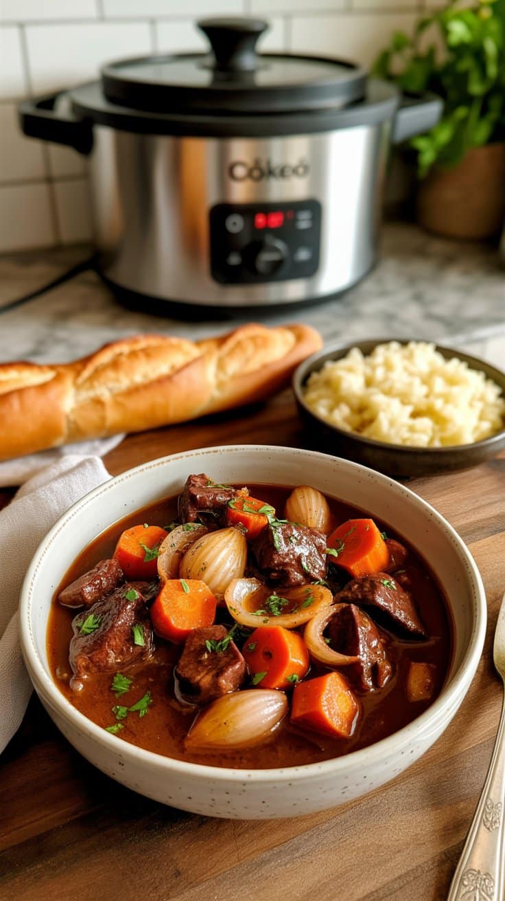 Boeuf bourguignon, plat mijoté, riz, baguette, cuisine française.