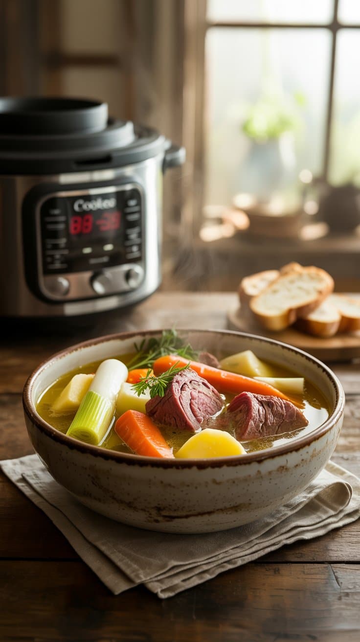 Bol de pot-au-feu chaud avec légumes.
