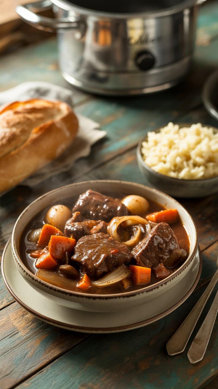 Bœuf bourguignon avec pain et pâtes.