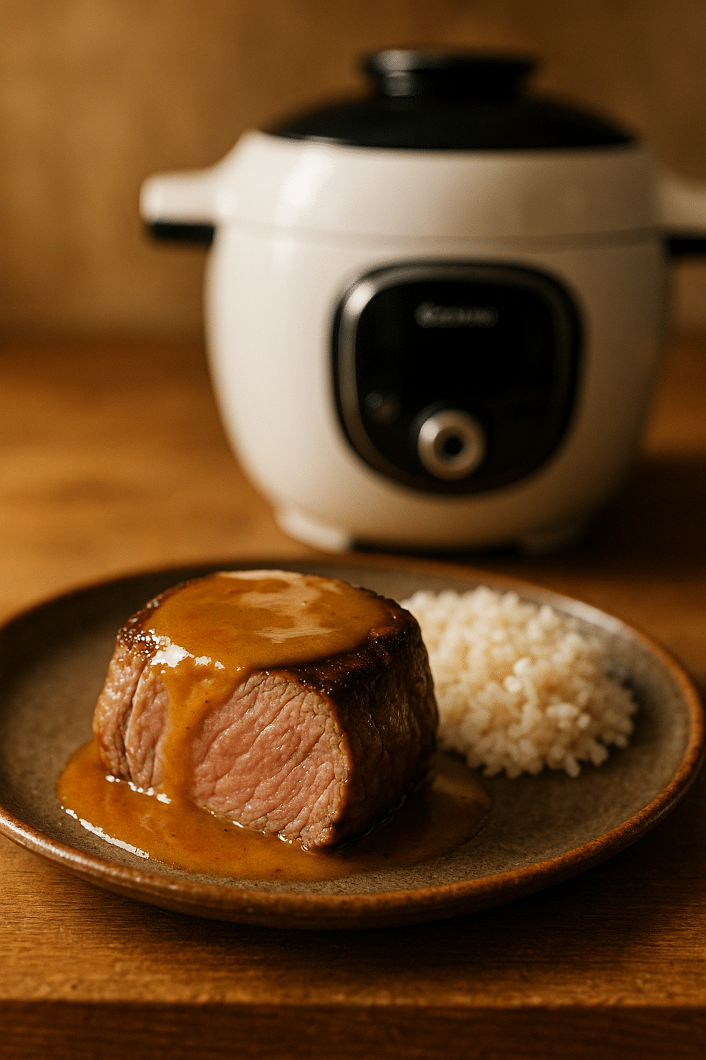 Filet mignon sauce, riz, cuiseur à l'arrière-plan.