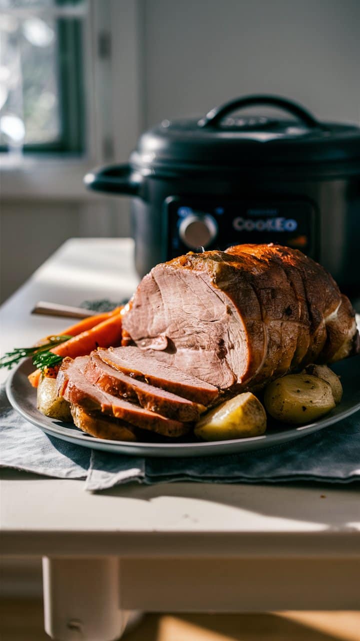 Rôti de viande avec légumes et cocotte.