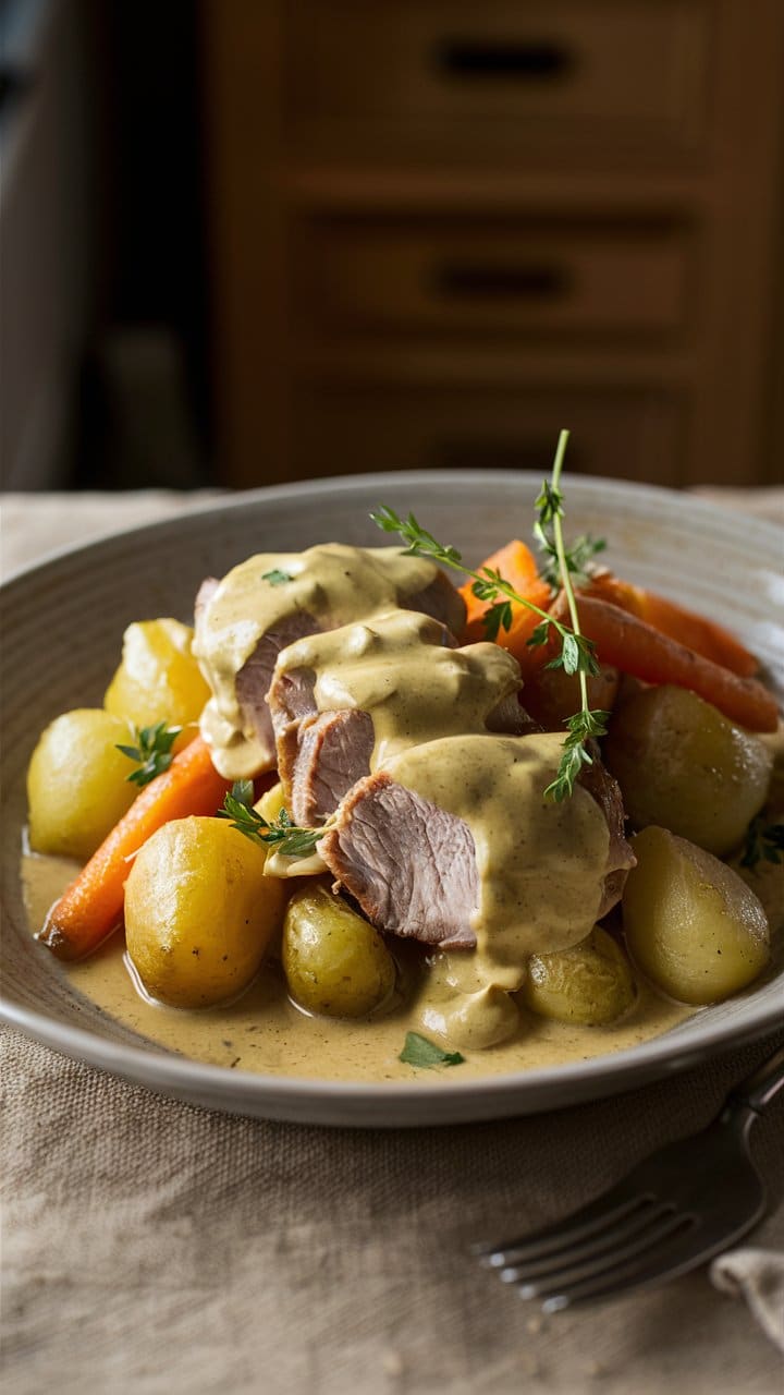 Plat de viande avec légumes et sauce.