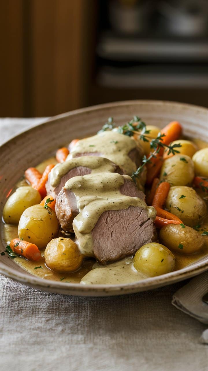 Rôti de viande avec légumes et sauce.