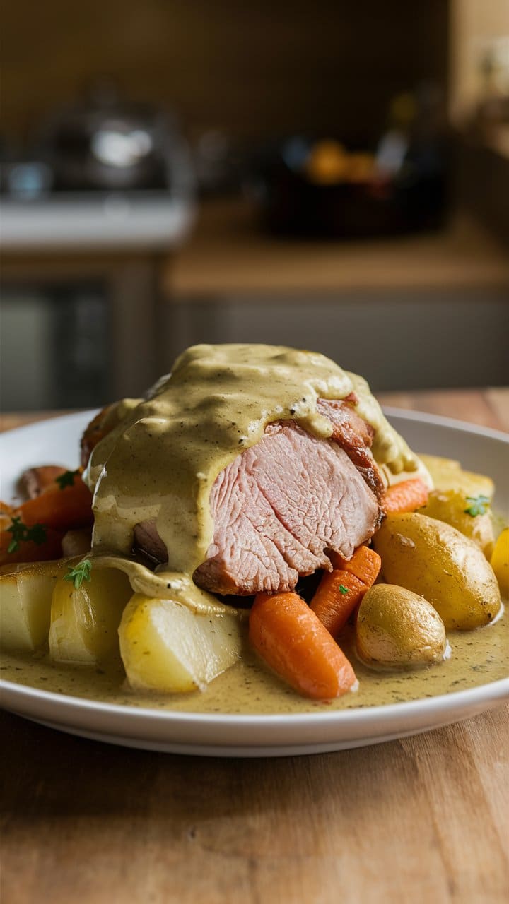 Rôti avec sauce et légumes sur assiette.