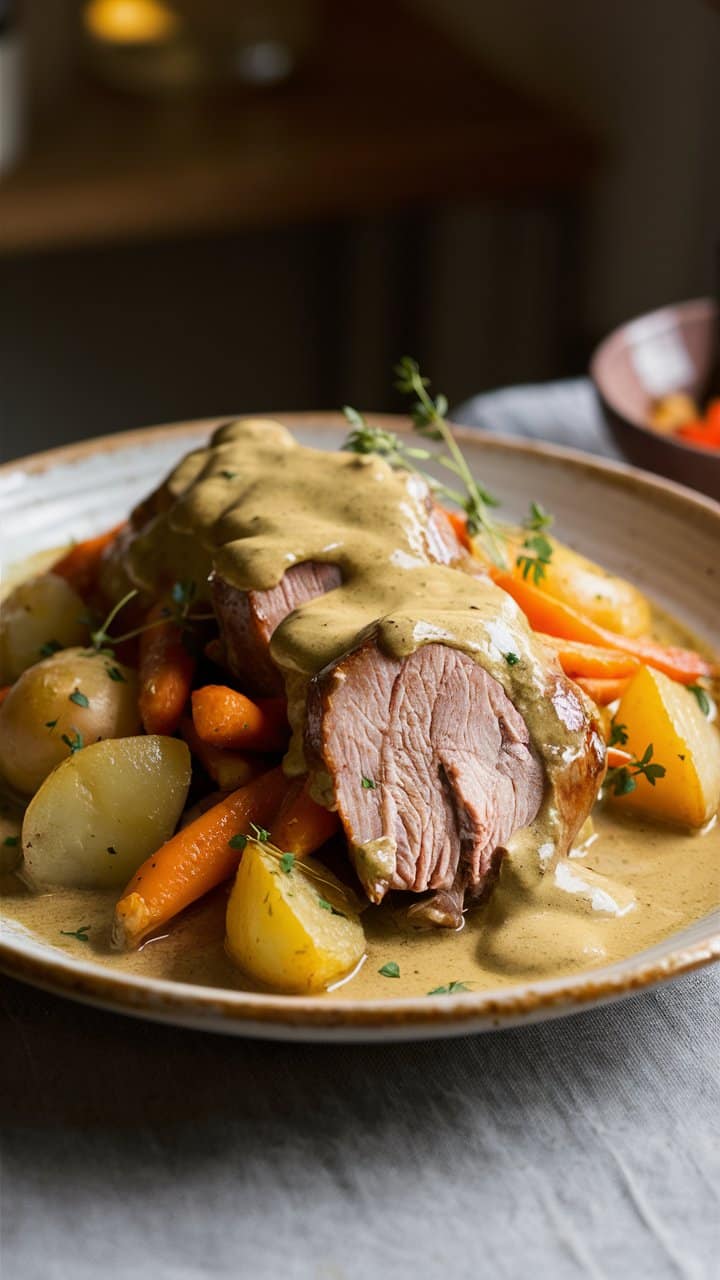 Plat de viande sauce légumes façon pot-au-feu.