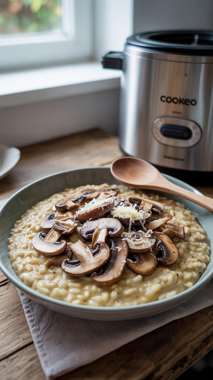 Risotto aux champignons avec parmesan râpé.