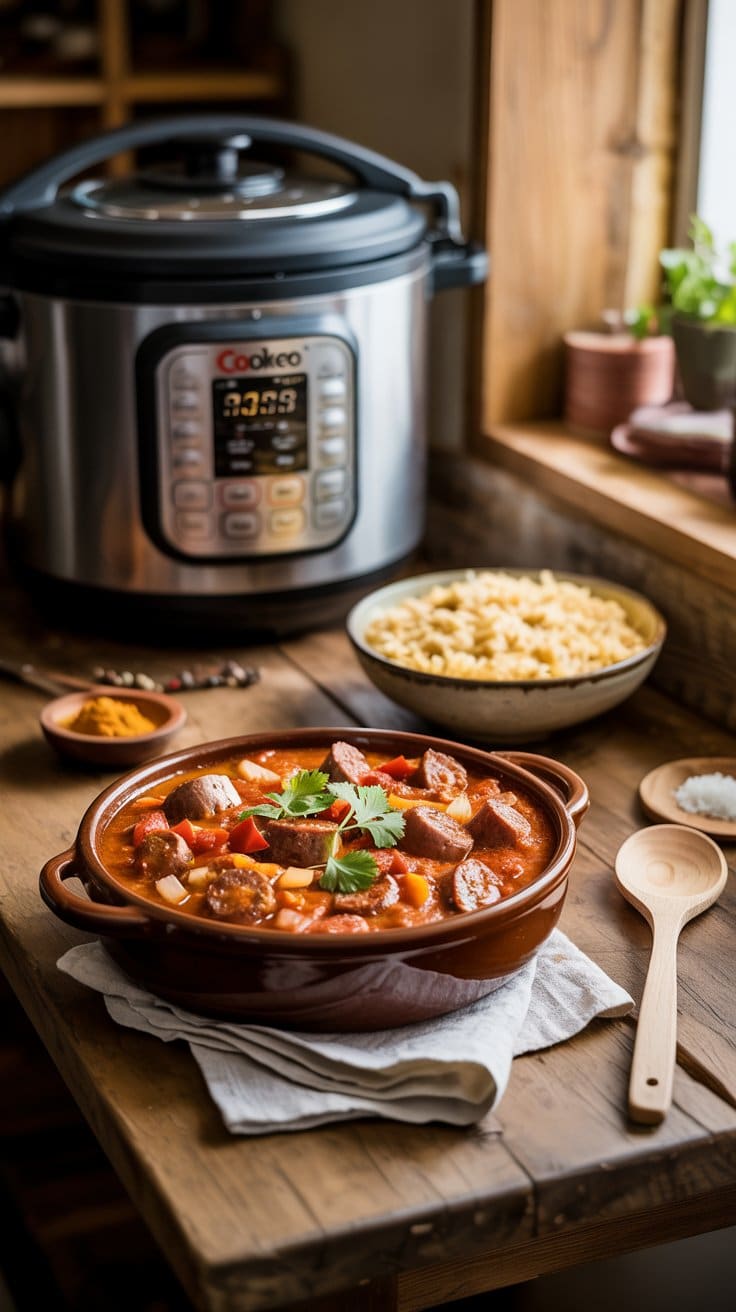 Plat mijoté avec saucisses et légumes près d'un autocuiseur.