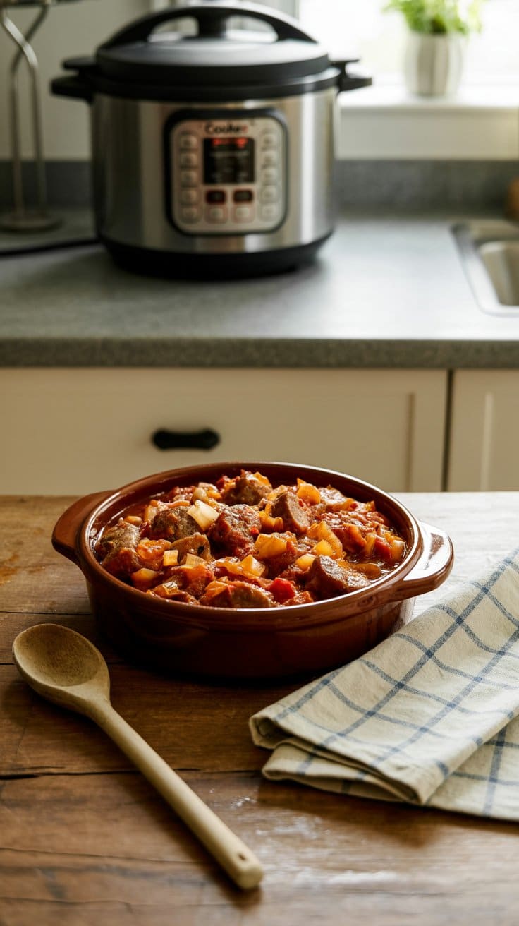 Ragoût mijoté dans une cocotte, sur la table.