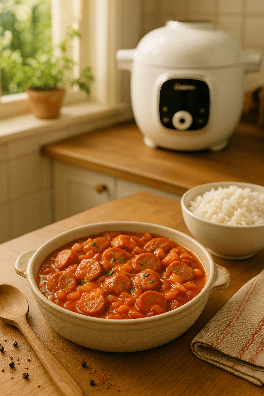 Plat de saucisses et riz dans une cuisine.