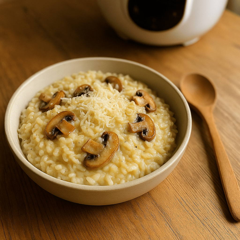 Risotto crémeux aux champignons et fromage râpé.