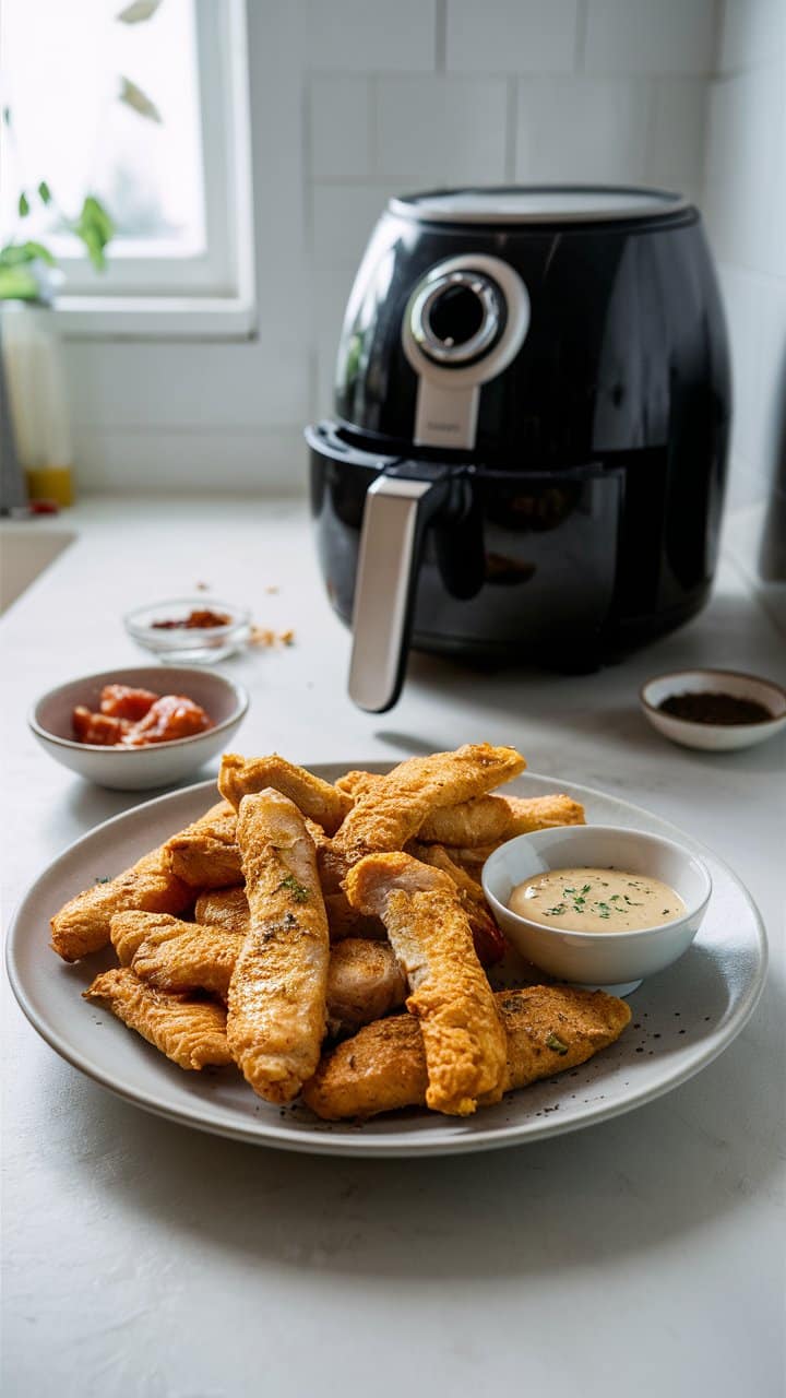 Bâtonnets de poulet frits avec sauces devant friteuse.