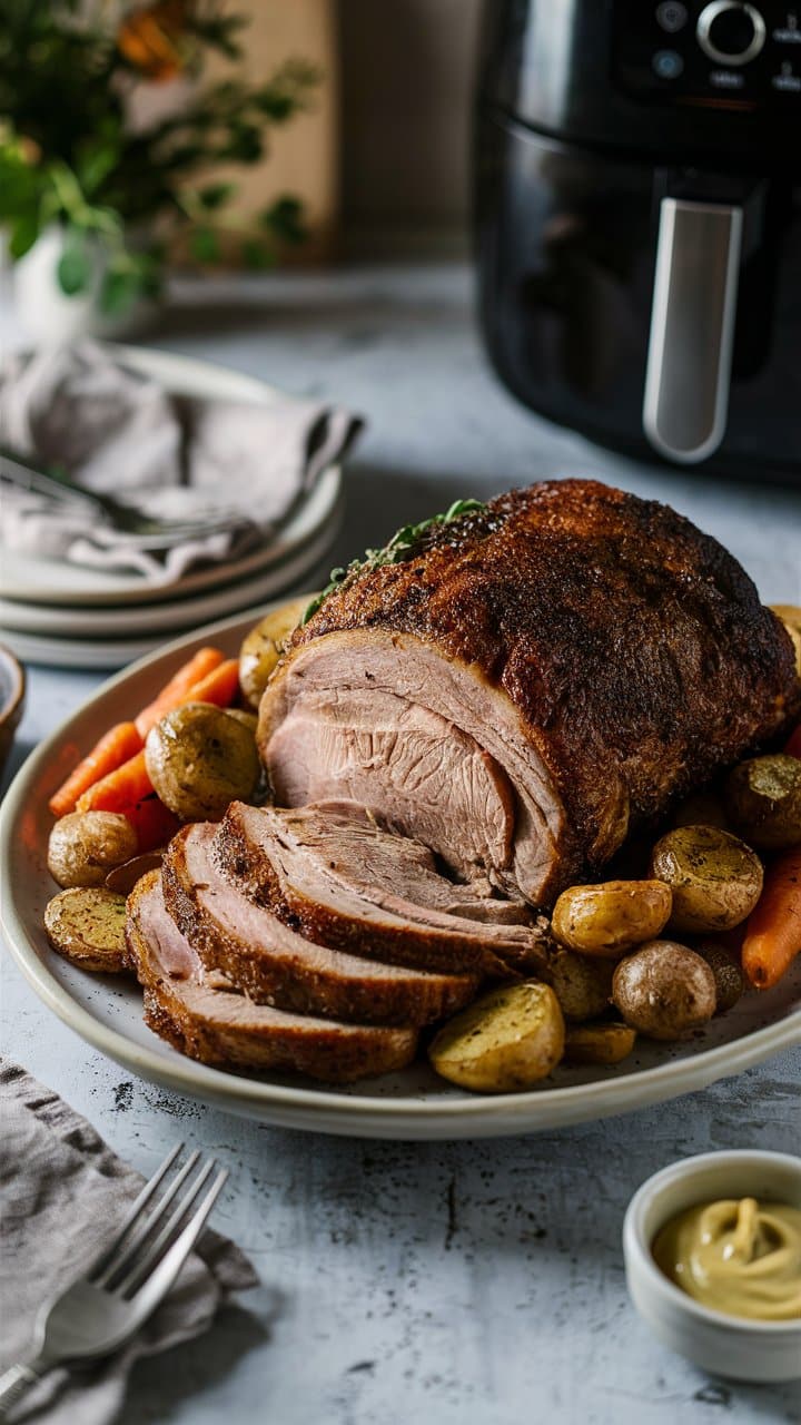 Rôti de porc avec pommes de terre et carottes.
