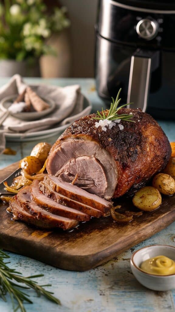 Rôti de viande tranché avec pommes de terre et romarin.