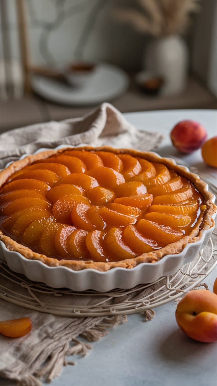 Tarte aux abricots dans un plat blanc.