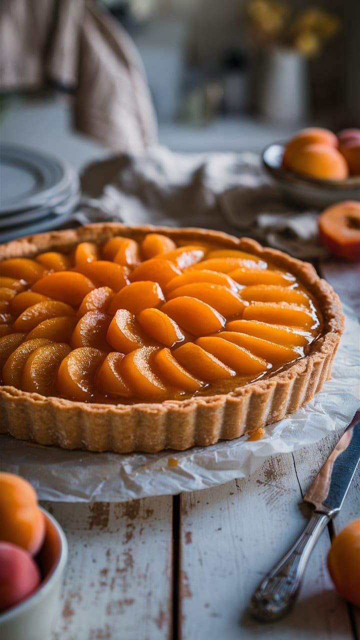Tarte aux pêches sur table rustique.