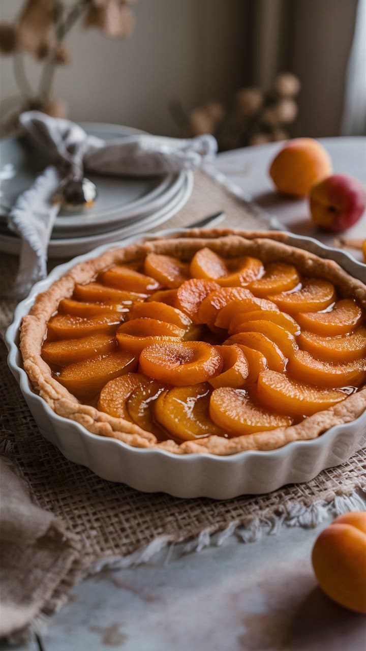 Tarte aux pêches servie sur une table rustique.