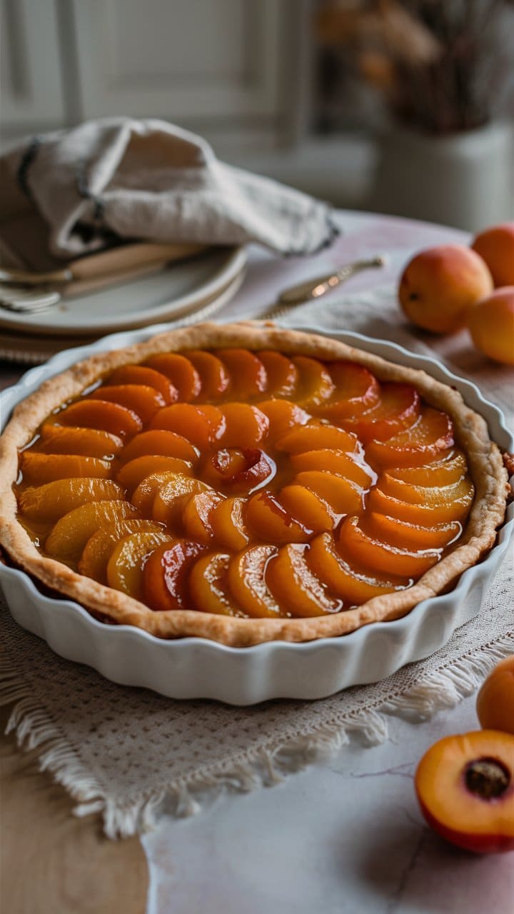 Tarte aux pêches dans un plat blanc.