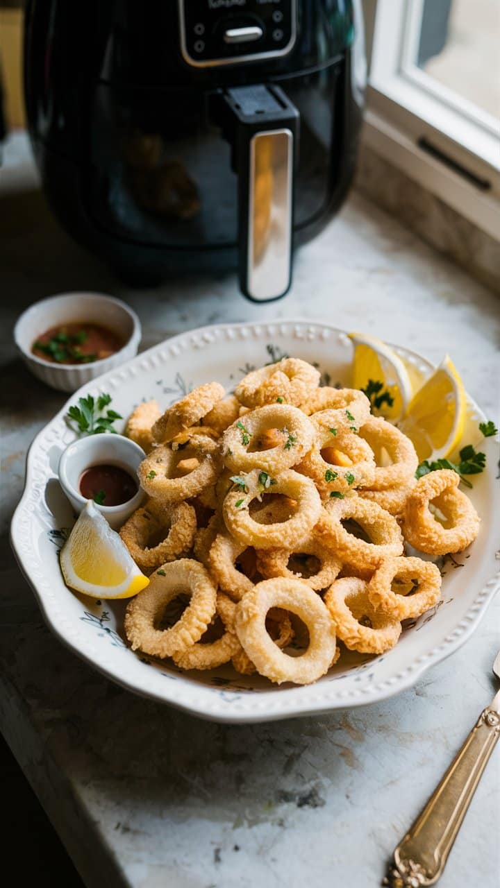 Calamars frits sur assiette avec citron.