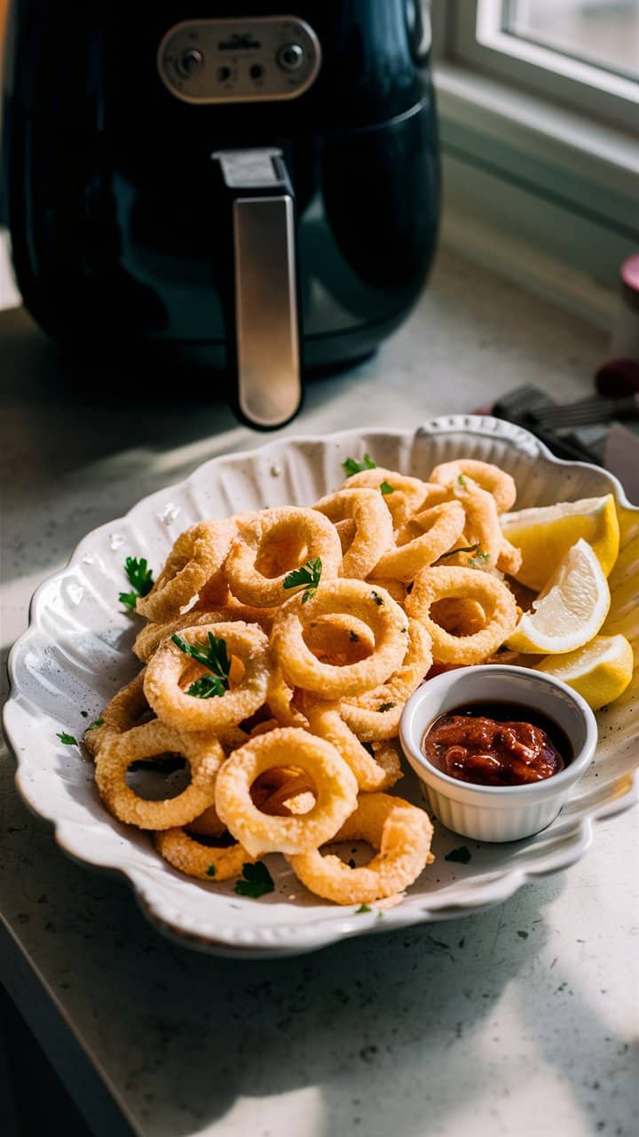 Anneaux d'oignon frits avec sauce et citron.