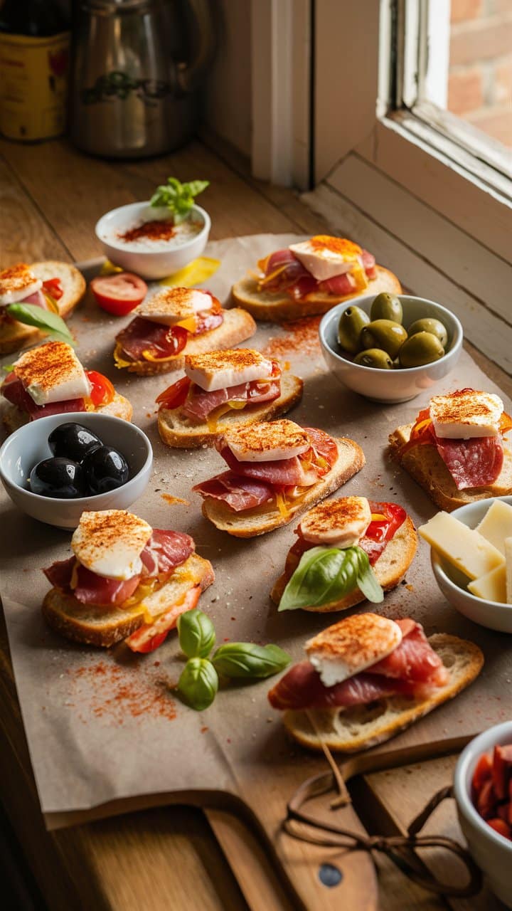 Assortiment de bruschettas et olives sur table.