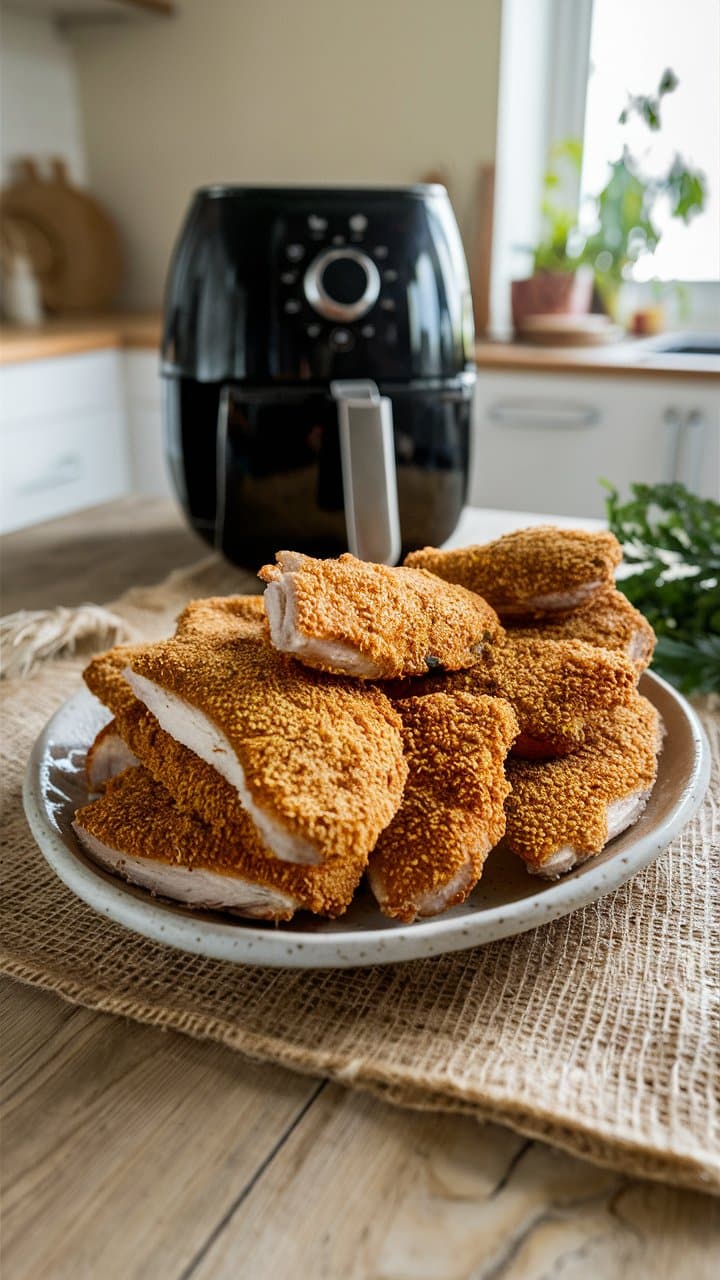 Poulet pané croustillant avec friteuse en arrière-plan.
