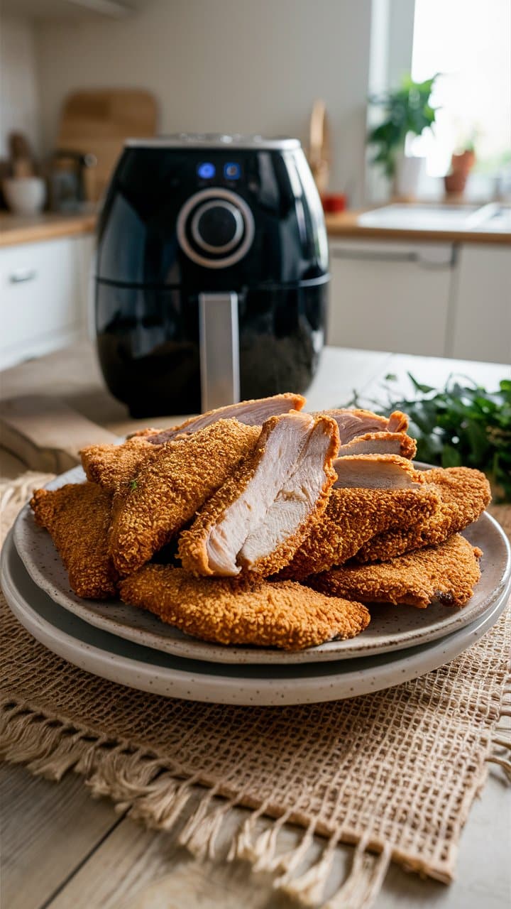 Poulet pané avec friteuse à air en arrière-plan.