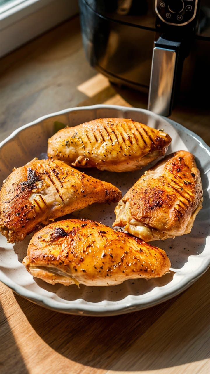 Quatre morceaux de poulet grillés sur une assiette.