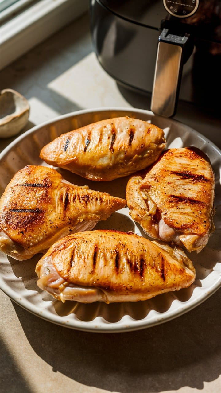 Quatre filets de poulet grillés dans une assiette blanche.