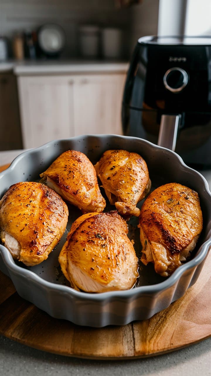 Poulet rôti dans un plat, près d'une friteuse.